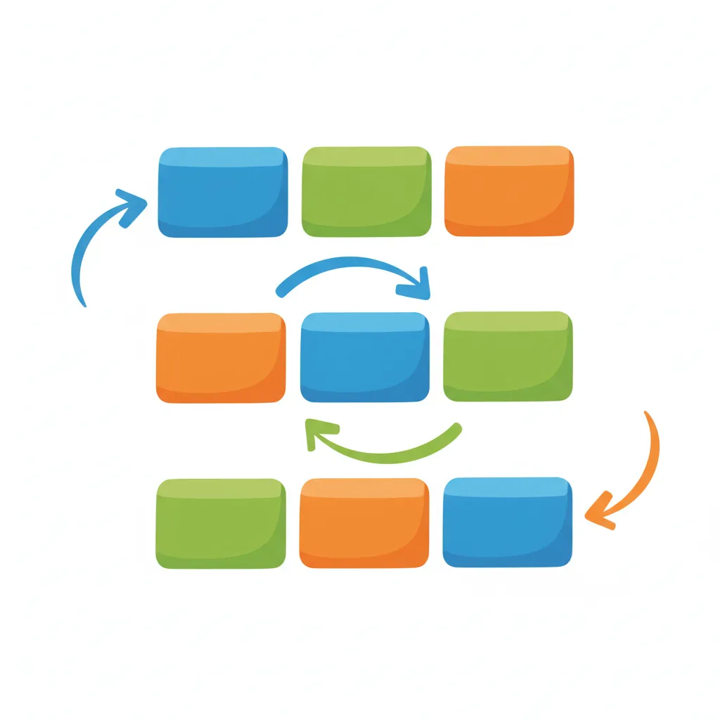 Drei horizontale Reihen mit jeweils drei bunten, rechteckigen Bausteinen (Blau, Grün, Orange). Die Bausteine sind in jeder Reihe unterschiedlich angeordnet. Gebogene Pfeile zwischen den Reihen zeigen, wie die Bausteine ihre Position wechseln. Die Bausteine bleiben immer ganz, werden nur verschoben. Kindgerechter Illustrationsstil im Cartoon-Stil auf weißem Hintergrund.