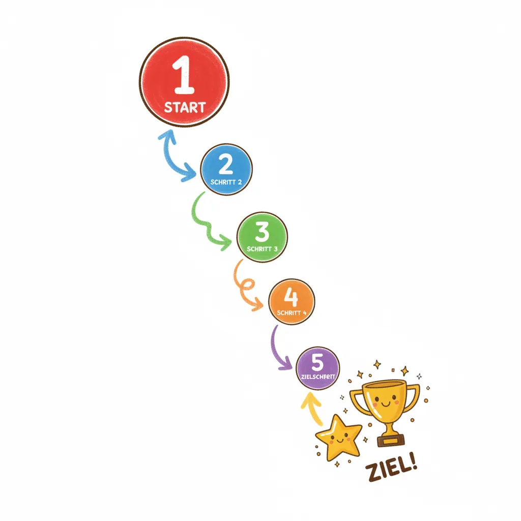 Fünf nummerierte Kreise (1 bis 5) in verschiedenen Farben (Rot, Blau, Grün, Orange, Lila), die von oben nach unten mit Pfeilen verbunden sind wie eine Treppe oder ein Flussdiagramm. Jeder Kreis hat eine etwas andere Größe und steht für einen Schritt. Am Ende ein Stern oder Pokal als Ziel-Symbol. Kindgerechter Illustrationsstil im Cartoon-Stil auf weißem Hintergrund.