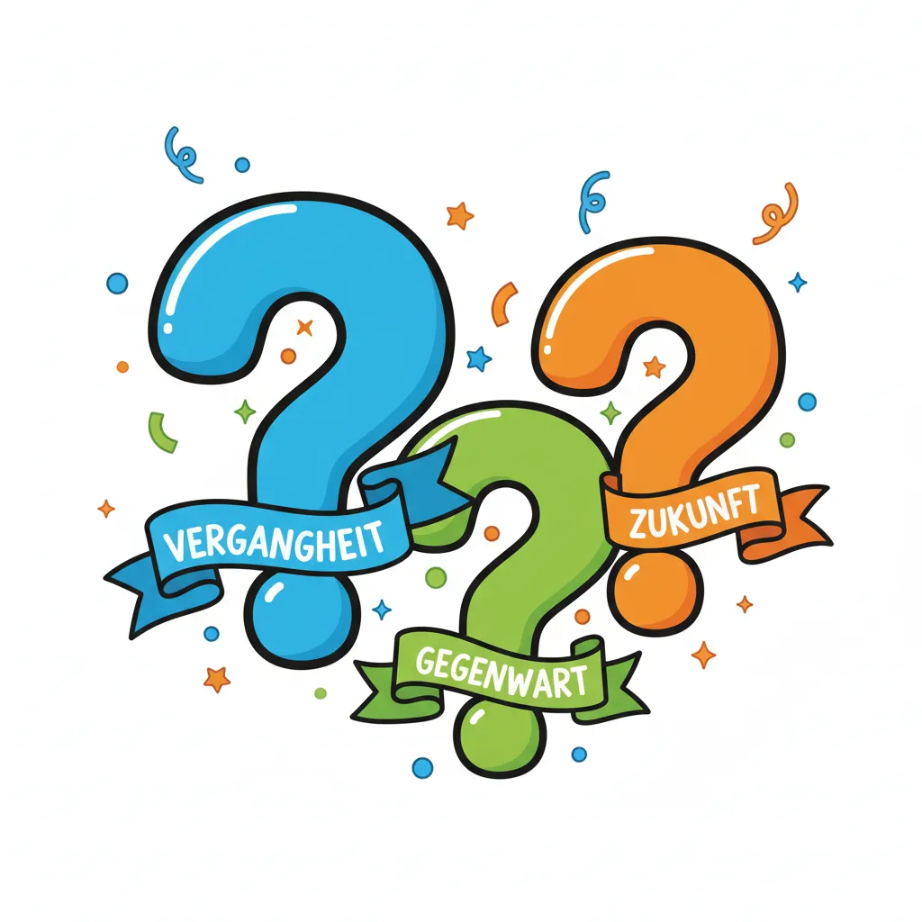 Drei große, bunte Fragezeichen in verschiedenen Farben (Blau, Grün, Orange) auf weißem Hintergrund. Jedes Fragezeichen steht für eine der drei Zeitfragen. Die Fragezeichen sind unterschiedlich groß und leicht versetzt angeordnet. Kindgerechter Illustrationsstil im Cartoon-Stil, fröhlich und einladend.