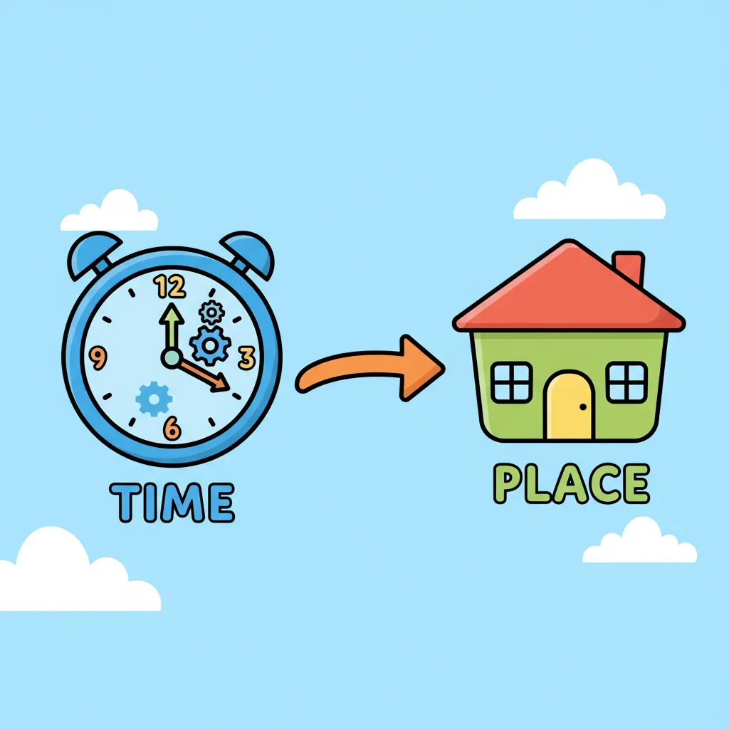 Eine bunte Uhr (Symbol für Zeit) mit einem Pfeil, der zu einem Haus (Symbol für Ort) zeigt. Die Uhr ist links in Blau, das Haus rechts in Grün, der Pfeil in Orange verbindet beide. Die Symbole sind groß und klar erkennbar. Kindgerechter Illustrationsstil im Cartoon-Stil, einfach und übersichtlich.