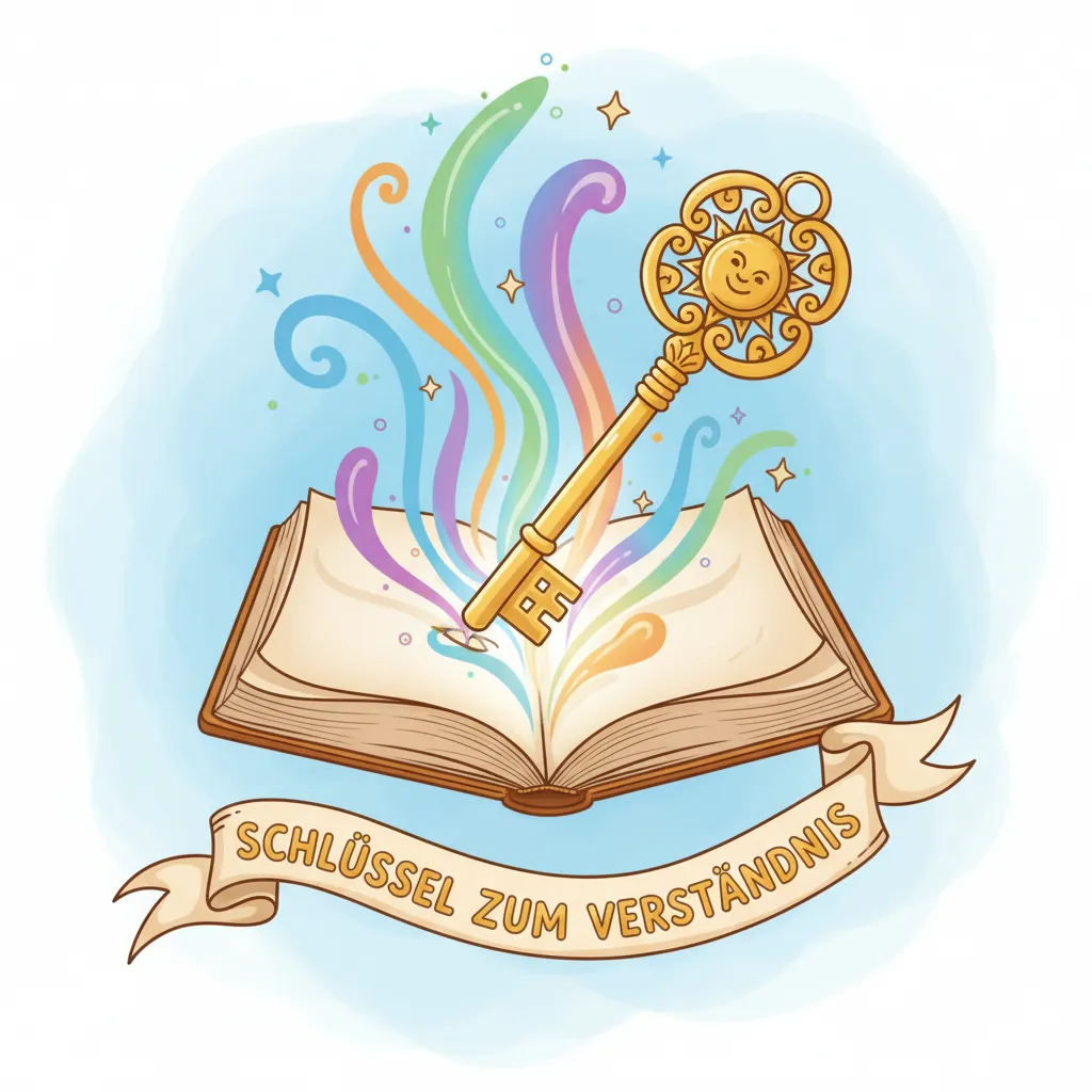 Ein großer, goldener Schlüssel, der ein aufgeschlagenes Buch öffnet. Aus dem Buch strömen bunte Lichtstrahlen in verschiedenen Farben (Blau, Grün, Orange, Lila). Der Schlüssel hat eine verzierte Form und das Buch schwebt leicht über einem einfachen Hintergrund. Kindgerechter Illustrationsstil im Cartoon-Stil, der zeigt, wie Schlüssel das Verständnis öffnen.