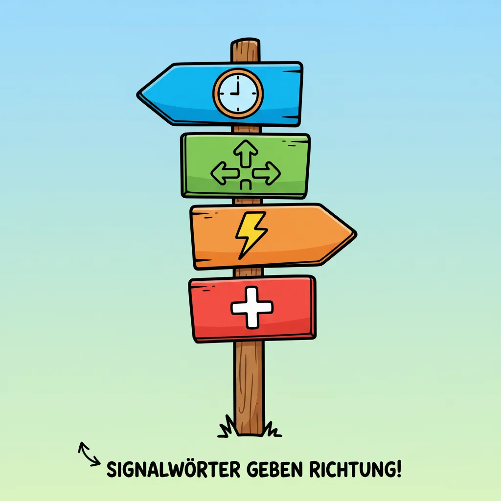 Vier große, bunte Wegweiser-Schilder an einem Pfosten, die in verschiedene Richtungen zeigen. Jeder Wegweiser hat eine andere Farbe (Blau, Grün, Orange, Rot) und auf jedem ist ein Symbol: eine Uhr, Pfeile, ein Blitz, ein Plus-Zeichen. Die Wegweiser stehen vor einem einfachen Hintergrund. Kindgerechter Illustrationsstil im Cartoon-Stil, der zeigt, wie Signalwörter Richtung geben.