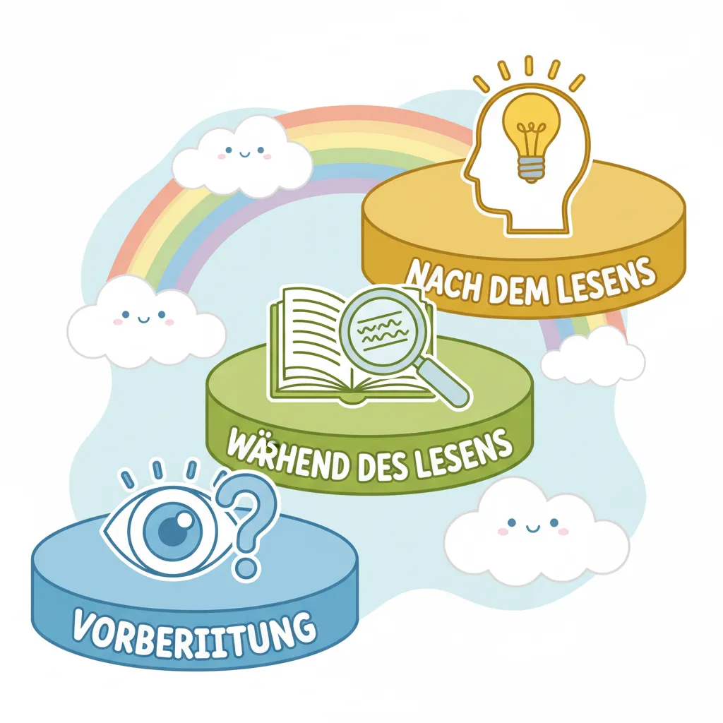 Drei aufsteigende Stufen oder Podeste in verschiedenen Farben (Blau, Grün, Gold). Auf der ersten Stufe ist ein Symbol mit einem Auge und Fragezeichen (Vorbereitung), auf der zweiten ein offenes Buch mit Lupe (während des Lesens), auf der dritten ein Kopf mit Glühbirne (nach dem Lesen). Kindgerechter Illustrationsstil im Cartoon-Stil.