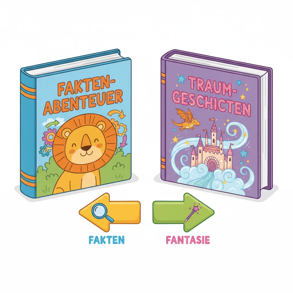Zwei große Bücher nebeneinander auf weißem Hintergrund. Links ein Sachbuch mit Foto eines Löwen auf dem Cover und sichtbaren Diagrammen. Rechts ein Geschichtenbuch mit fantasievoller Illustration eines Märchenschlosses und Sternen. Zwischen den Büchern ein Pfeil nach links mit Symbol für Fakten (Lupe) und ein Pfeil nach rechts mit Symbol für Fantasie (Zauberstab). Kindgerechter Illustrationsstil im Cartoon-Stil.