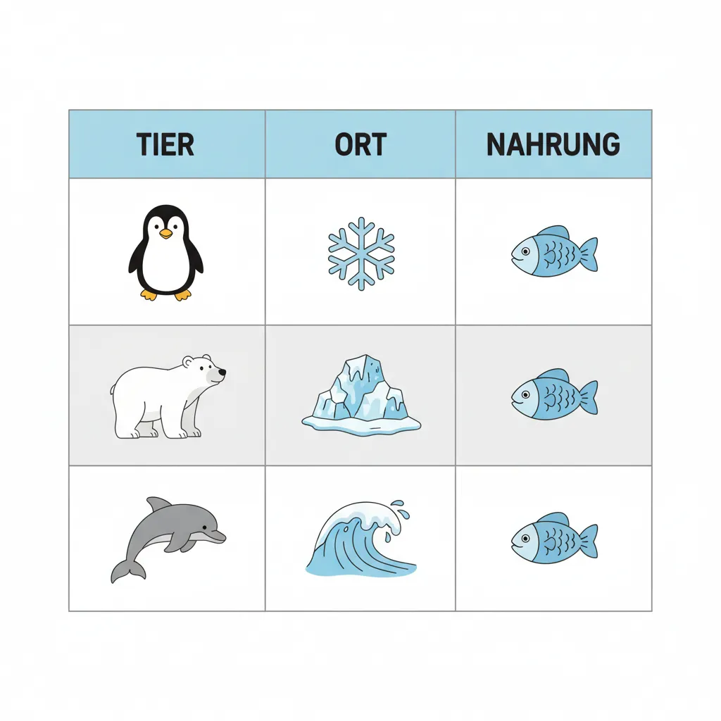 Eine einfache, übersichtliche Tabelle mit drei Spalten und vier Zeilen auf weißem Hintergrund. Oberste Zeile (Kopfzeile) in hellblau. Weitere Zeilen abwechselnd in weiß und sehr hellem grau. In jeder Zelle ein einfaches Symbol: Spalte 1 mit Tierbildern (Pinguin, Eisbär, Delfin), Spalte 2 mit Ortssymbolen (Schnee, Eis, Wasser), Spalte 3 mit Nahrungssymbolen (Fisch). Kindgerechter Illustrationsstil im Cartoon-Stil.