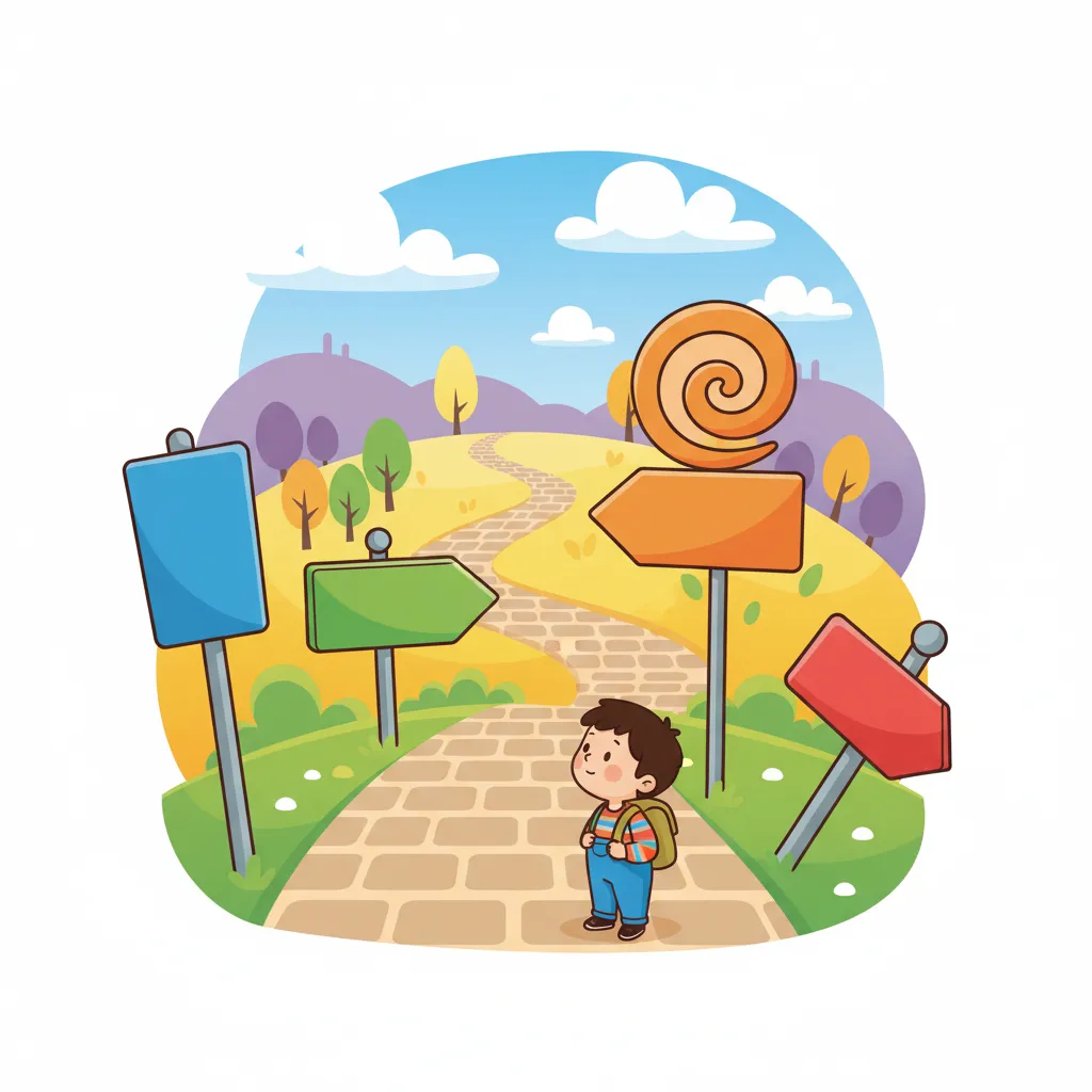 Eine farbenfrohe Illustration im Cartoon-Stil zeigt verschiedene Wegweiser und Straßenschilder, die in unterschiedliche Richtungen zeigen. Im Hintergrund ist ein gewundener Pfad zu sehen, der durch eine symbolische Landschaft führt. Die Wegweiser sind in leuchtenden Farben (Blau, Grün, Orange, Rot) gestaltet und stehen an verschiedenen Punkten eines Weges. Die Schilder selbst zeigen keine lesbaren Worte, sondern sind einfarbig. Ein Kind steht am Anfang des Weges und schaut auf die Wegweiser. Kindgerechter Illustrationsstil im Cartoon-Stil.