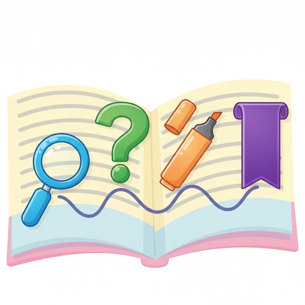 Eine farbenfrohe Illustration im Cartoon-Stil zeigt vier aufeinanderfolgende Schritte als visuelle Symbole. Schritt 1 wird durch ein Lupensymbol dargestellt, Schritt 2 durch ein großes Fragezeichen, Schritt 3 durch einen farbigen Marker, und Schritt 4 durch ein Schild oder Banner. Die vier Symbole sind in einer fließenden Linie von links nach rechts angeordnet, verbunden durch einen geschwungenen Pfad. Jedes Symbol hat eine eigene leuchtende Farbe (Blau, Grün, Orange, Lila). Im Hintergrund sind stilisierte Buchseiten oder Textzeilen angedeutet, ohne lesbaren Text. Kindgerechter Illustrationsstil im Cartoon-Stil.