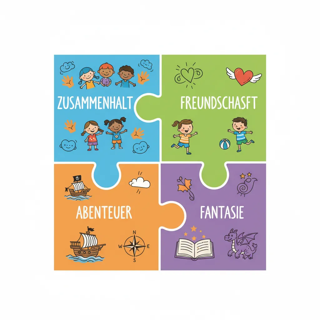 Ein großes Puzzle-Bild, das aus vier unterschiedlich gefärbten Puzzleteilen zusammengesetzt ist. Jedes Puzzleteil hat eine andere Farbe (Blau, Grün, Orange, Lila) und repräsentiert einen Textabschnitt. Die Puzzleteile fügen sich zu einem vollständigen Bild zusammen. Kindgerechter Illustrationsstil im Cartoon-Stil auf weißem Hintergrund.