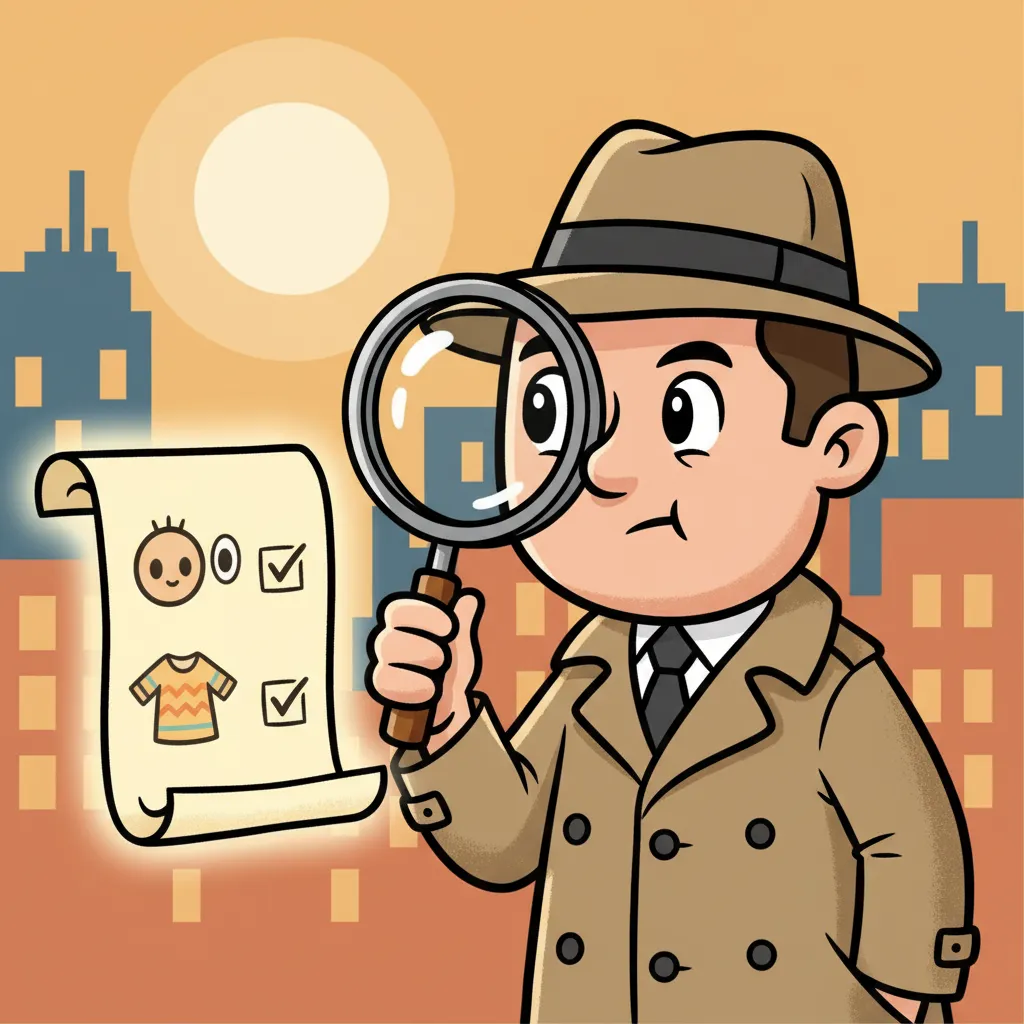 Ein freundlicher Detektiv im klassischen Trenchcoat hält eine große Lupe in der Hand und untersucht aufmerksam Details. Neben ihm schwebt eine Checkliste mit Symbolen für verschiedene Körpermerkmale (Kopf, Augen, Kleidung). Hintergrund zeigt eine Stadt-Silhouette. Kindgerechter Illustrationsstil im Cartoon-Stil, warme Farben, professionell aber zugänglich.