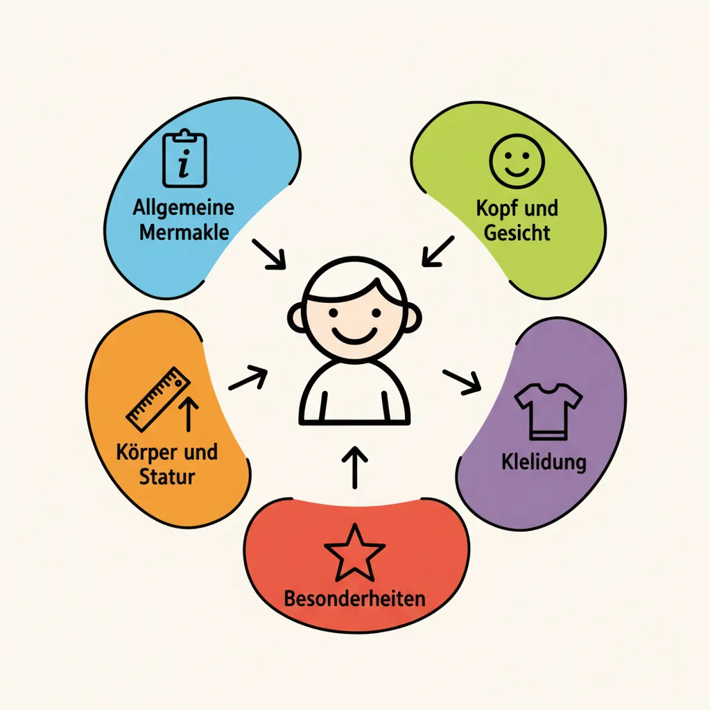 Eine visuelle Darstellung zeigt eine stilisierte Person in der Mitte, umgeben von fünf farbigen Bereichen. Jeder Bereich ist durch eine andere Farbe gekennzeichnet: Blau für allgemeine Merkmale (Symbol: Infokarte), Orange für Körper und Statur (Symbol: Größenmaßstab), Grün für Kopf und Gesicht (Symbol: Gesicht), Lila für Kleidung (Symbol: T-Shirt), Rot für Besonderheiten (Symbol: Stern). Pfeile verbinden die Kategorien mit der zentralen Person. Kindgerechter Illustrationsstil im Cartoon-Stil, klare Farben, übersichtliche Anordnung.