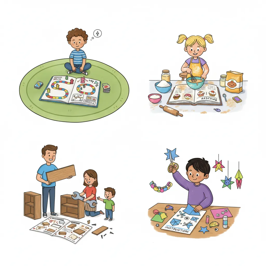 Vier verschiedene Szenen in einem farbenfrohen, kindgerechten Illustrationsstil im Cartoon-Stil: (1) Ein Kind mit einem Brettspiel und aufgeschlagener Spielanleitung, (2) Ein Kind beim Backen mit einem Rezeptbuch, (3) Eine Familie beim Möbelaufbau mit Bauanleitung, (4) Ein Kind beim Basteln mit buntem Papier und einer Anleitung. Alle Szenen zeigen fröhliche Menschen, die konzentriert arbeiten. Helle, freundliche Farben auf weißem Hintergrund.