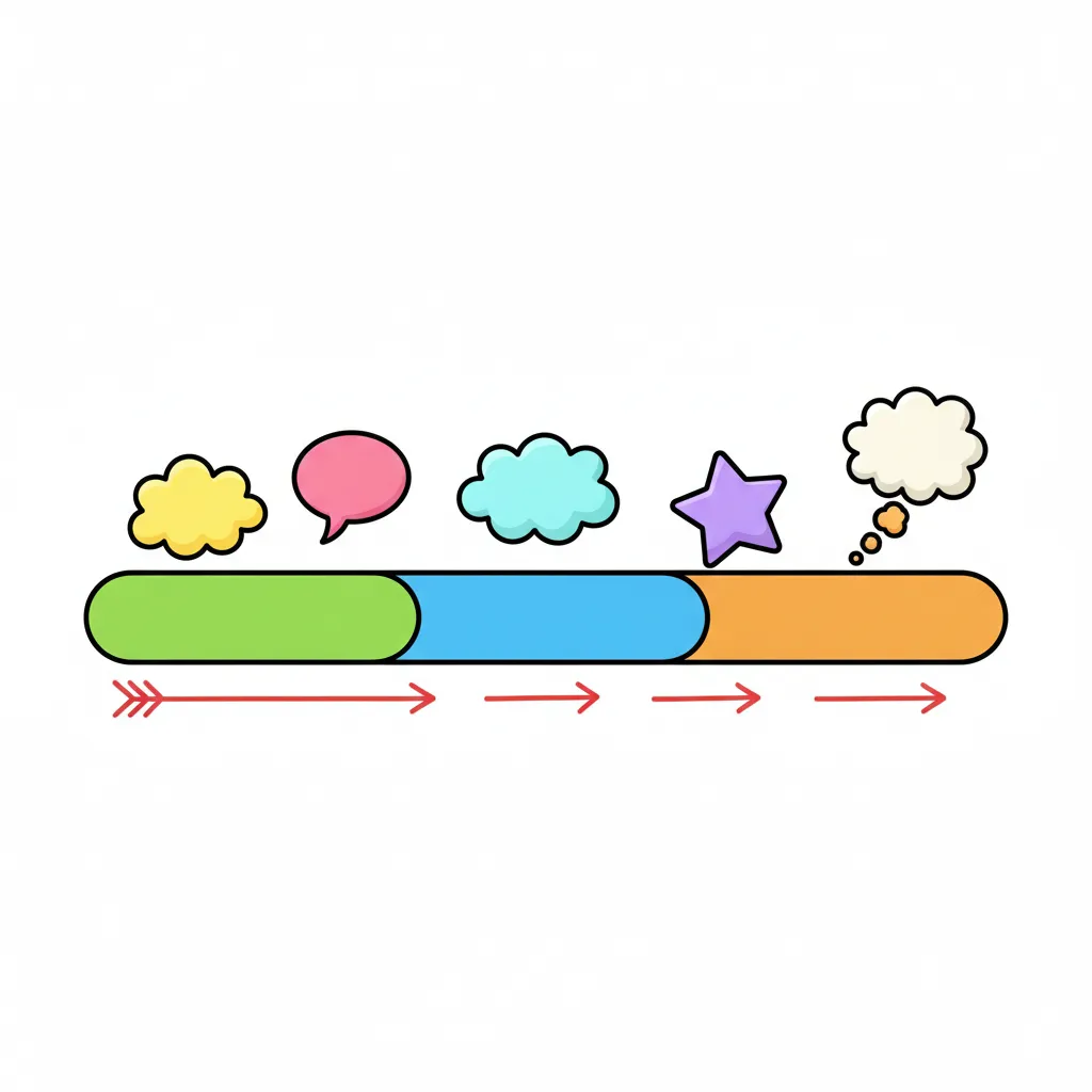 Ein horizontaler Zeitstrahl von links nach rechts in einem kindgerechten Illustrationsstil im Cartoon-Stil. Der Strahl ist in drei farbige Bereiche unterteilt: grün für den Anfang (links), blau für die Mitte, orange für das Ende (rechts). Über jedem Bereich schweben bunte Wolken oder Sprechblasen ohne Text. Einfache Pfeile zeigen den Verlauf von links nach rechts. Fröhliche, klare Farben auf weißem Hintergrund.