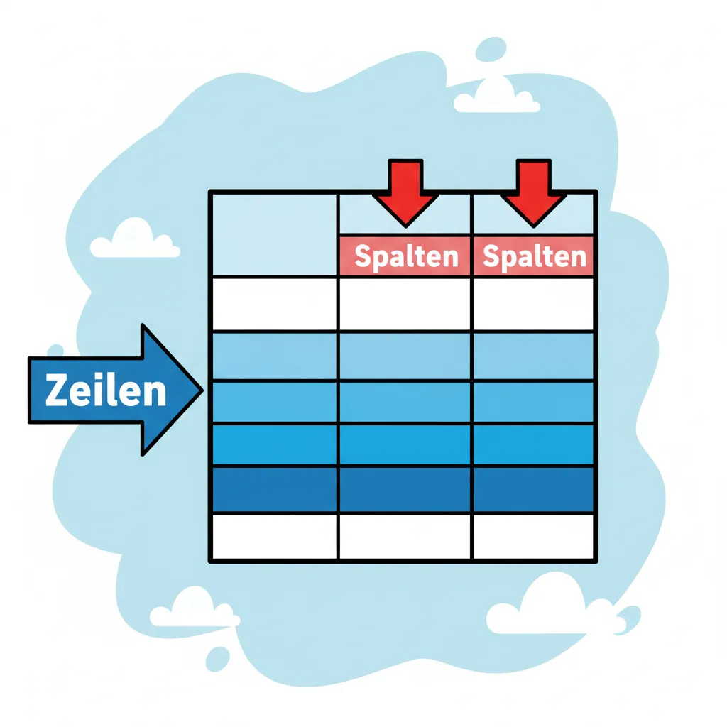 Eine einfache Tabelle mit 4 Zeilen und 3 Spalten. Die Zeilen sind horizontal (waagerecht) in verschiedenen Blautönen dargestellt, die Spalten vertikal (senkrecht) mit Pfeilen markiert. Links neben der Tabelle steht ein blauer Pfeil mit der Beschriftung 