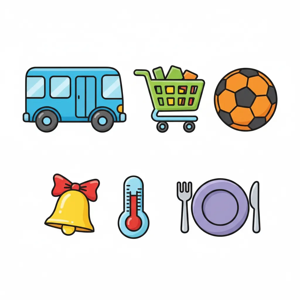 Sechs bunte Icons in zwei Reihen angeordnet, die verschiedene Alltagssituationen symbolisieren: Ein Bus (für Fahrplan), ein Einkaufswagen (für Preisliste), ein Fußball (für Sportstatistik), eine Schulglocke (für Stundenplan), ein Thermometer (für Wettertabelle), ein Teller mit Besteck (für Speisekarte). Jedes Symbol ist in einer anderen Farbe und im kindgerechten Illustrationsstil im Cartoon-Stil gezeichnet. Weißer oder heller Hintergrund, keine Texte im Bild.