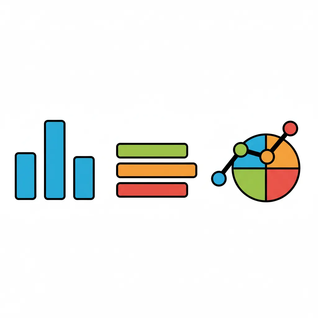 Vier kindgerechte Symbole nebeneinander auf weißem Hintergrund: (1) Blaue vertikale Säulen unterschiedlicher Höhe, (2) Bunte horizontale Balken, (3) Ein bunter Kreis in vier farbige Segmente geteilt, (4) Eine ansteigende Linie mit Punkten verbunden. Alle in leuchtenden Farben (Blau, Grün, Orange, Rot). Kindgerechter Illustrationsstil im Cartoon-Stil.