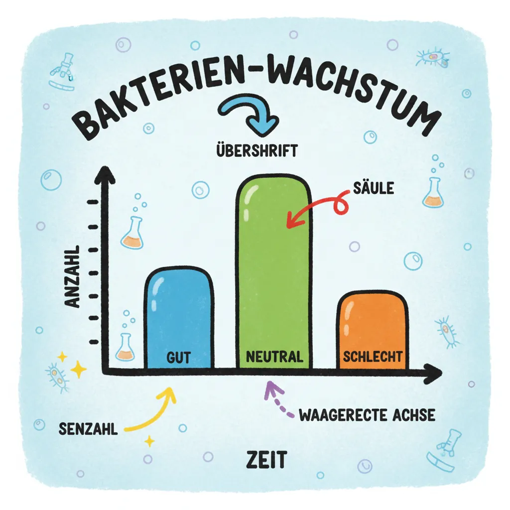 Ein buntes Säulendiagramm mit drei unterschiedlich hohen Säulen in Blau, Grün und Orange. Pfeile zeigen auf: die Überschrift oben, die waagerechte Achse unten, die senkrechte Achse links, und eine Säule. Kindgerechter Illustrationsstil im Cartoon-Stil.