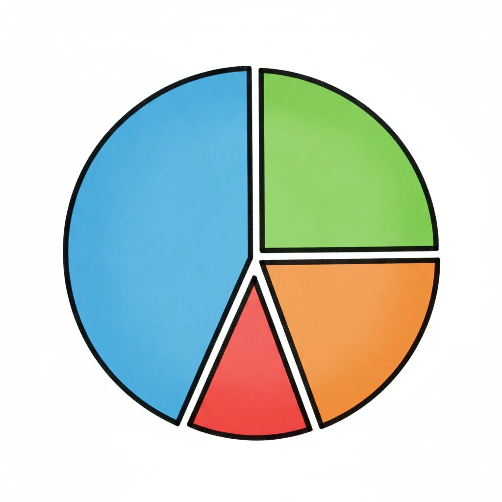 Ein Kreis aufgeteilt in vier unterschiedlich große, farbige Segmente: Ein großes blaues Segment (etwa die Hälfte), ein grünes Segment (etwa ein Viertel), ein oranges Segment (etwa ein Fünftel), und ein kleines rotes Segment. Kindgerechter Illustrationsstil im Cartoon-Stil.