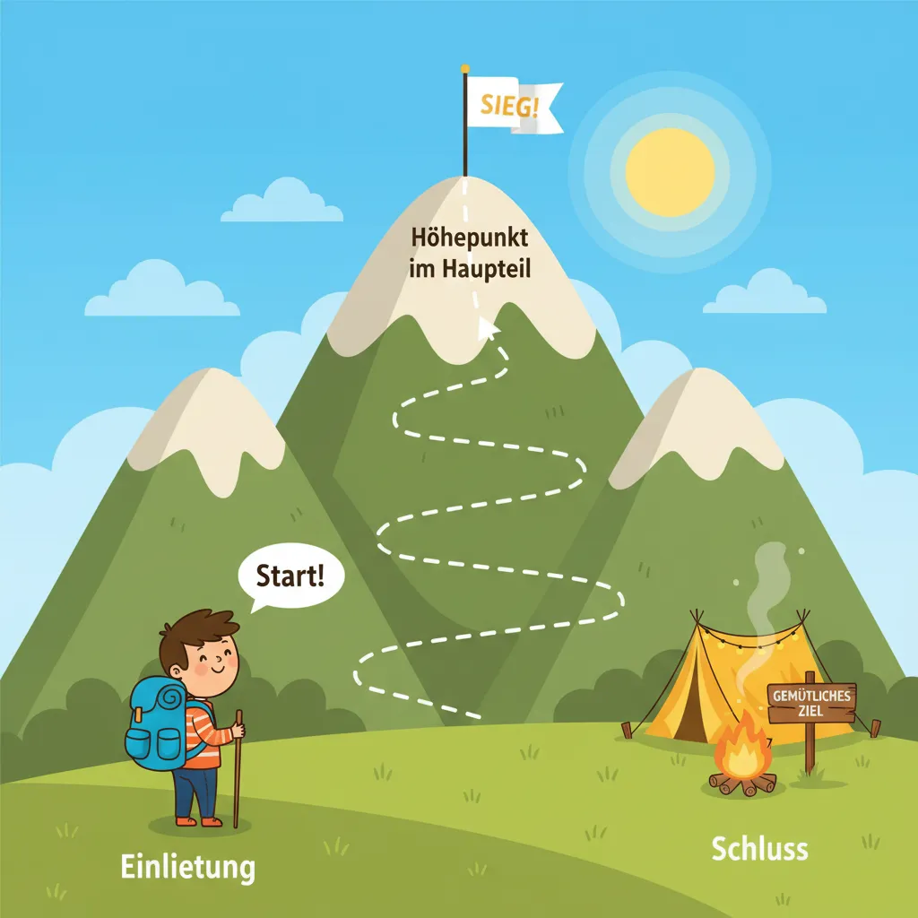 Eine stilisierte Berglandschaft mit einem Wanderweg, der vom Fuß des Berges (Einleitung) hinauf zum Gipfel (Höhepunkt im Hauptteil) und dann sanft hinunter führt (Schluss). Der Weg ist als gestrichelte Linie dargestellt, die Spannung symbolisiert. Am Fuß des Berges steht ein Kind mit Rucksack (Start), am Gipfel eine Siegerflagge, und am Ende des Weges ein gemütliches Ziel. Helle, freundliche Farben mit blauem Himmel. Kindgerechter Illustrationsstil im Cartoon-Stil.