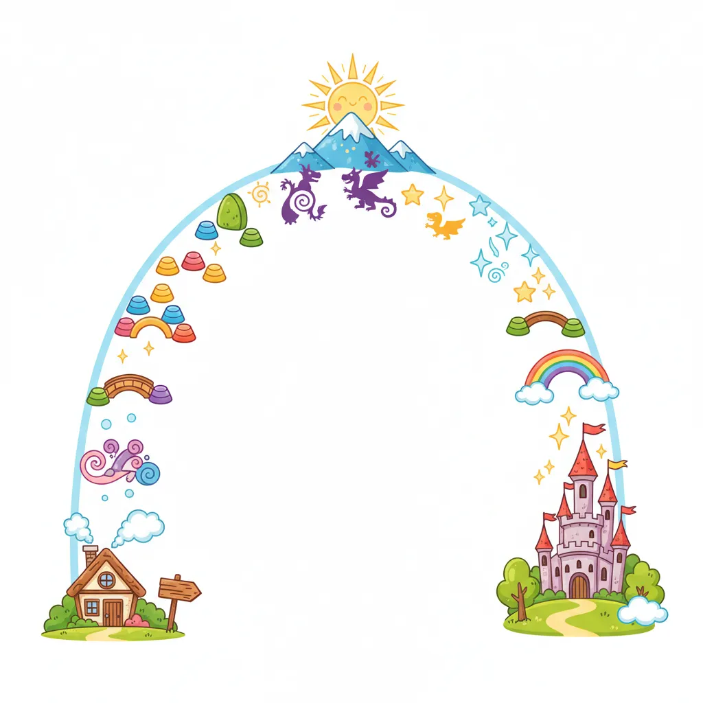 Ein bunter, kindgerechter Weg in Form eines Bogens, der die Struktur eines Märchens darstellt. Am Anfang des Weges (links unten) steht ein kleines Häuschen mit einem Wegweiser. Der Weg führt bergauf über verschiedene Stationen: erste Herausforderungen (kleine Hindernisse), wachsende Spannung (der Weg wird steiler), bis zum Höhepunkt (Gipfel des Berges mit leuchtender Sonne). Dann führt der Weg bergab zur Lösung und endet bei einem Schloss (rechts unten). Entlang des Weges sind symbolische Elemente: Sterne, magische Symbole, kleine fantastische Kreaturen-Silhouetten. Kindgerechter Illustrationsstil im Cartoon-Stil mit leuchtenden Farben auf weißem Hintergrund.