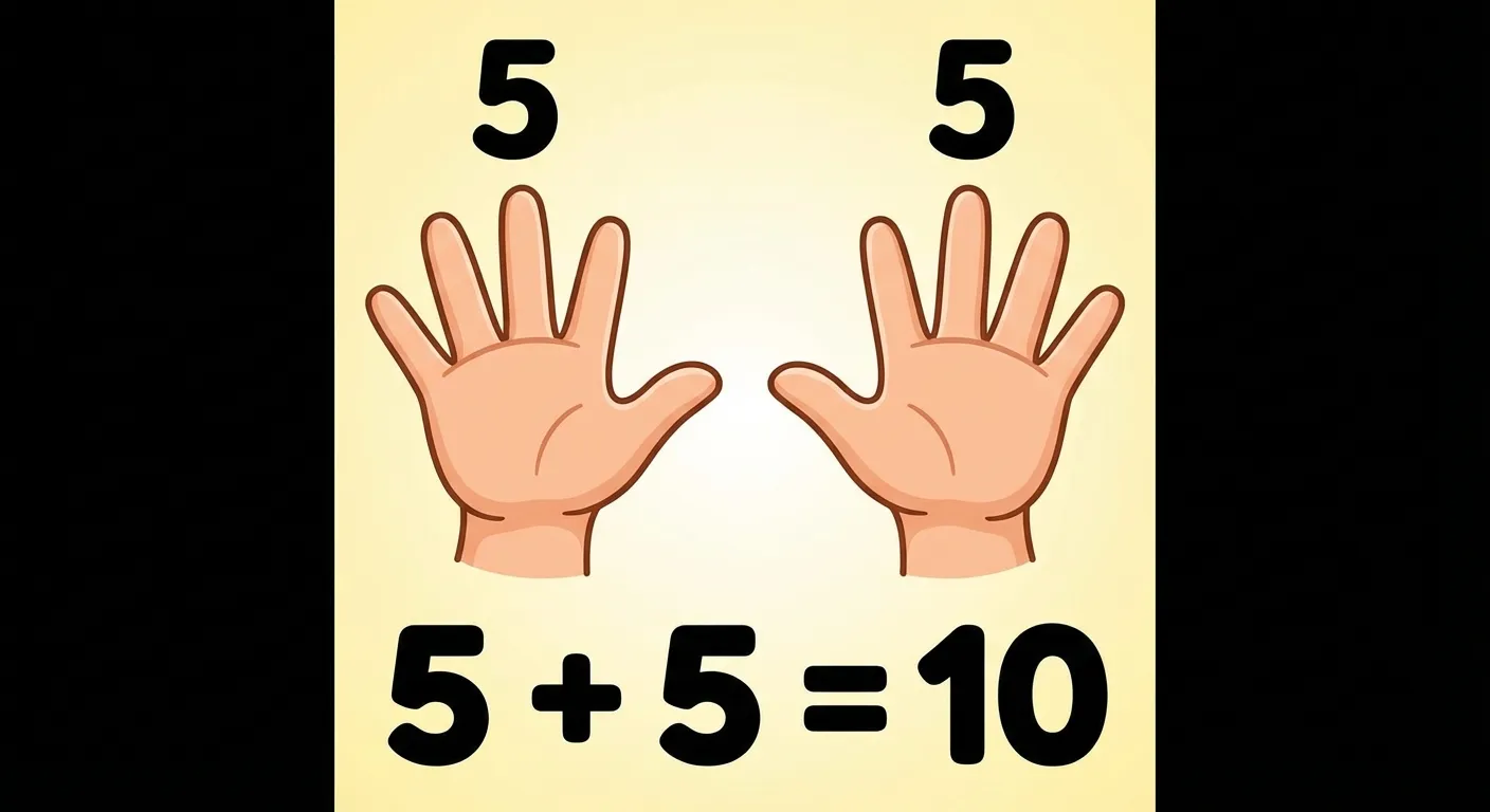 Erstelle eine klare Darstellung von zwei Kinderhänden zum Zählen.

**Aufbau:**
- Zwei Hände nebeneinander
- Alle 10 Finger ausgestreckt
- Links über der linken Hand: „5“
- Rechts über der rechten Hand: „5“
- Darunter groß: „5 + 5 = 10“

**Gestaltung:**
- Einfache, klare Zeichnung
- Freundliche Cartoon-Hände
- Große, lesbare Zahlen
- Heller Hintergrund