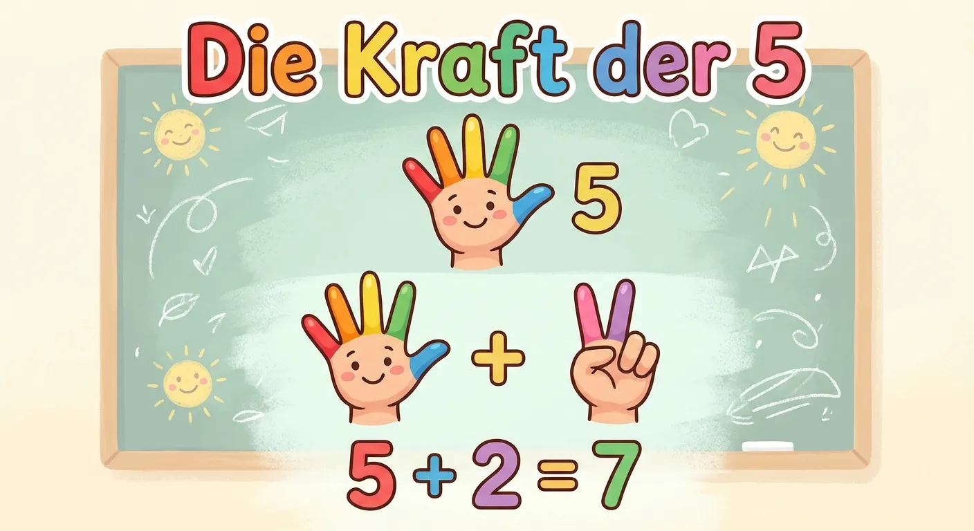 Erstelle eine übersichtliche Darstellung zur Kraft der 5.

**Aufbau:**
- Oben: Eine Hand zeigt 5 Finger
- Darunter: Eine Hand mit 5 Fingern plus eine zweite Hand mit 2 Fingern
- Text: „5 + 2 = 7“
- Überschrift: „Die Kraft der 5“

**Gestaltung:**
- Klare Struktur von oben nach unten
- Bunte, freundliche Hände
- Große, lesbare Zahlen
- Kinderfreundlicher Cartoon-Stil