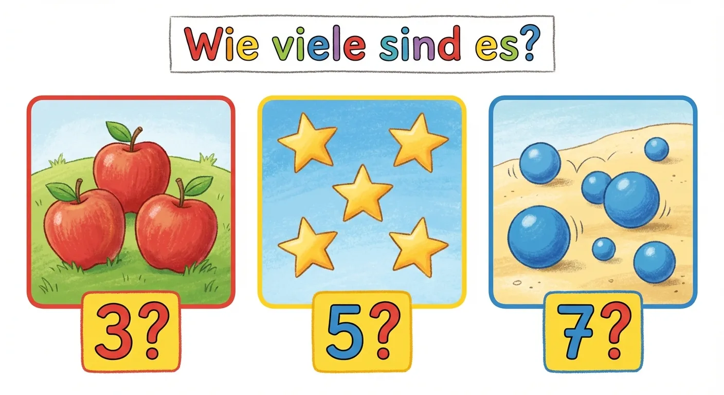 Erstelle eine Darstellung mit verschiedenen Mengen zum Zählen.

**Aufbau:**
- 3 Gruppen nebeneinander
- Links: 3 rote Äpfel (beschriftet „?“)
- Mitte: 5 gelbe Sterne (beschriftet „?“)
- Rechts: 7 blaue Bälle (beschriftet „?“)
- Überschrift: „Wie viele sind es?“

**Gestaltung:**
- Klar voneinander getrennte Gruppen
- Bunte, einfache Objekte
- Fragezeichen unter jeder Gruppe
- Kinderfreundlicher Stil