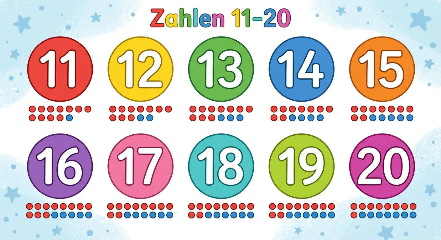 Erstelle eine übersichtliche Darstellung der Zahlen 11-20.

**Aufbau:**
- 2 Reihen mit je 5 Zahlen
- Oben: 11, 12, 13, 14, 15
- Unten: 16, 17, 18, 19, 20
- Jede Zahl in einem bunten Kreis
- Unter jeder Zahl: passende Anzahl kleiner Punkte (als 10 + Rest angeordnet)

**Gestaltung:**
- Bunte Kreise in verschiedenen Farben
- Große, klar lesbare Zahlen
- 10 Punkte in einer Farbe, Rest in anderer Farbe
- Übersichtliches Layout für 1. Klasse