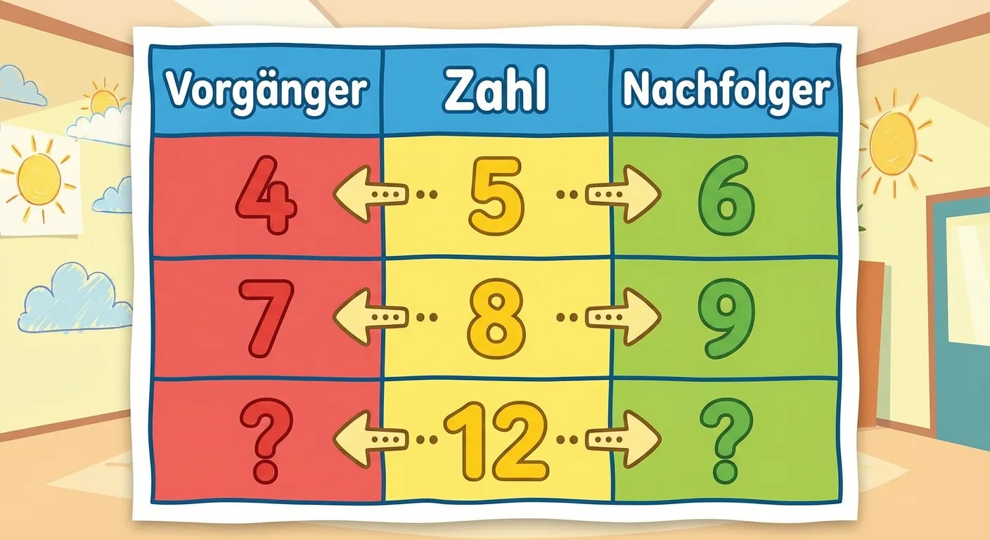 Erstelle eine kindgerechte Nachbarzahlen-Tabelle.

**Aufbau:**
- Einfache Tabelle mit 3 Spalten
- Kopfzeile: „Vorgänger | Zahl | Nachfolger“
- 3 Zeilen mit Beispielen:
  - 4 | 5 | 6
  - 7 | 8 | 9
  - ? | 12 | ?
- Pfeile nach links und rechts für Richtung

**Gestaltung:**
- Farbige Tabellenzellen
- Vorgänger in Rot, Zahl in Gelb, Nachfolger in Grün
- Große, lesbare Zahlen
- Kinderfreundlicher Stil