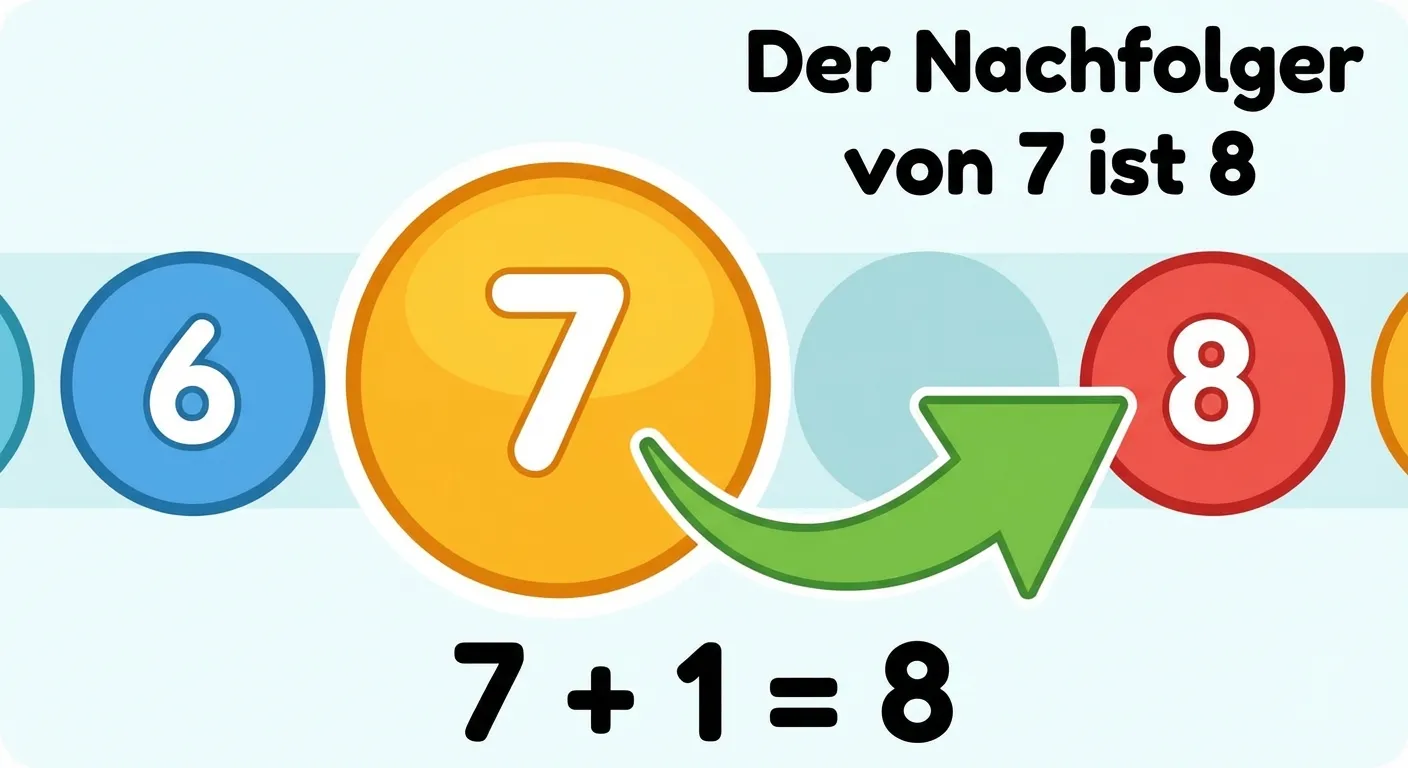 Erstelle eine Darstellung zum Nachfolger.

**Aufbau:**
- Zahlenreihe: 6, 7, 8
- Die 7 ist groß und hervorgehoben
- Pfeil von 7 nach rechts zur 8
- Text: „Der Nachfolger von 7 ist 8“
- Unten: „7 + 1 = 8“

**Gestaltung:**
- Klare, horizontale Anordnung
- Zahlen in bunten Kreisen
- Grüner Pfeil nach rechts
- Große, lesbare Beschriftung