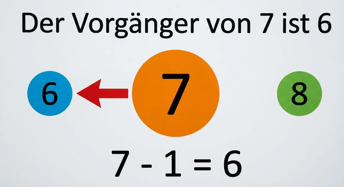 Erstelle eine Darstellung zum Vorgänger.

**Aufbau:**
- Zahlenreihe: 6, 7, 8
- Die 7 ist groß und hervorgehoben
- Pfeil von 7 nach links zur 6
- Text: „Der Vorgänger von 7 ist 6“
- Unten: „7 - 1 = 6“

**Gestaltung:**
- Klare, horizontale Anordnung
- Zahlen in bunten Kreisen
- Roter Pfeil nach links
- Große, lesbare Beschriftung