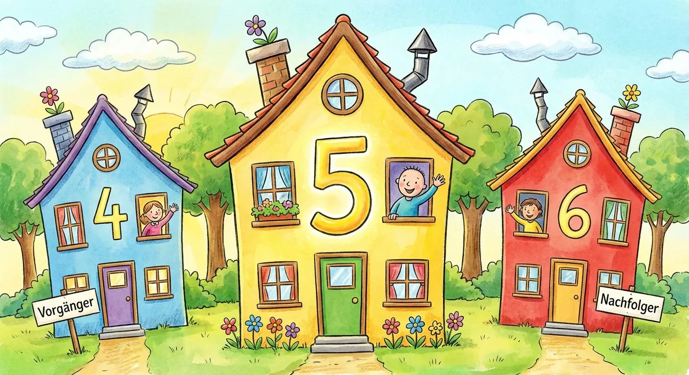 Erstelle eine bunte Illustration von Häusern mit Zahlen.

**Aufbau:**
- 3 kleine bunte Häuser nebeneinander
- Linkes Haus: Hausnummer 4, Beschriftung „Vorgänger“
- Mittleres Haus: Hausnummer 5, größer, hervorgehoben
- Rechtes Haus: Hausnummer 6, Beschriftung „Nachfolger“
- Kleine freundliche Figuren winken aus den Fenstern

**Gestaltung:**
- Fröhlicher Cartoon-Stil
- Bunte Häuser in verschiedenen Farben
- Große, klar lesbare Hausnummern
- Kinderfreundlich für 1. Klasse