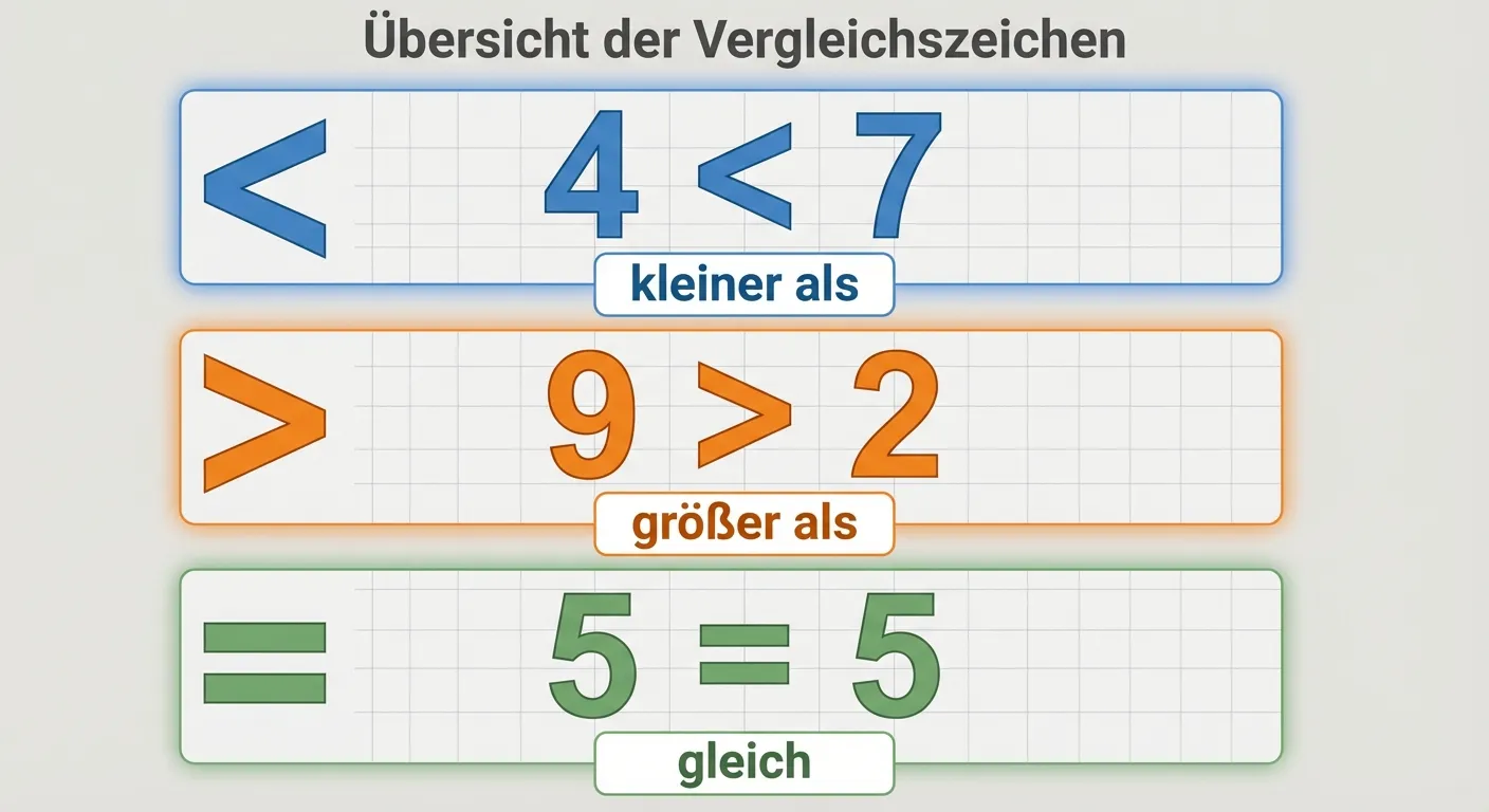 Erstelle eine Übersicht der drei Vergleichszeichen.

**Aufbau:**
- 3 Reihen, eine pro Zeichen:
- Reihe 1: „<“ mit „4 < 7“ und „kleiner als“
- Reihe 2: „>“ mit „9 > 2“ und „größer als“
- Reihe 3: „=“ mit „5 = 5“ und „gleich“

**Gestaltung:**
- Jede Reihe in einer anderen Farbe
- Große Zeichen und Zahlen
- Klare Beschriftungen
- Übersichtliches Layout