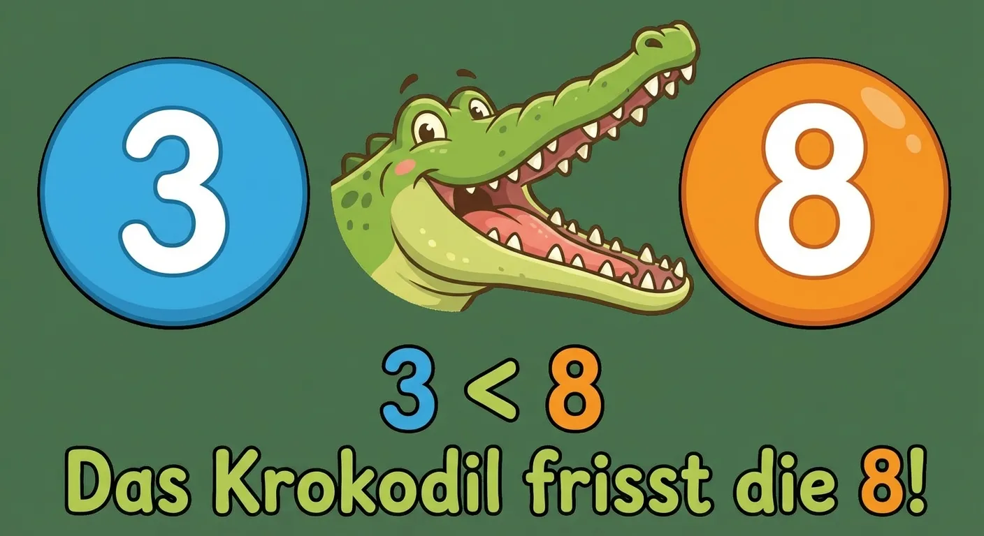 Erstelle eine Darstellung der Krokodil-Regel.

**Aufbau:**
- Links: Die Zahl 3 in einem Kreis
- Mitte: Ein freundliches Krokodil, dessen Maul zur 8 zeigt (> Zeichen)
- Rechts: Die Zahl 8 in einem Kreis
- Darunter Text: „3 < 8“ und „Das Krokodil frisst die 8!“

**Gestaltung:**
- Lustiges, freundliches Cartoon-Krokodil
- Maul weit offen zur größeren Zahl
- Große, klar lesbare Zahlen
- Fröhliche Farben