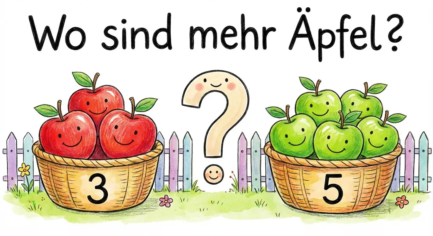 Erstelle eine Darstellung zum Zahlenvergleich mit Äpfeln.

**Aufbau:**
- Links: 3 rote Äpfel
- Rechts: 5 grüne Äpfel
- Dazwischen: Fragezeichen
- Überschrift: „Wo sind mehr Äpfel?“

**Gestaltung:**
- Klare Trennung links/rechts
- Große, zählbare Äpfel
- Bunter, freundlicher Stil
- Kinderfreundlich für 1. Klasse
