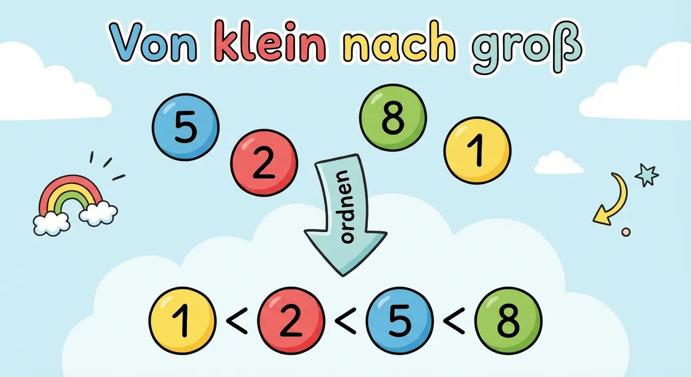 Erstelle eine Darstellung zum Zahlenordnen.

**Aufbau:**
- Oben: Durcheinander gewürfelte Zahlen: 5, 2, 8, 1
- Pfeil nach unten mit Text „ordnen“
- Unten: Geordnete Reihe: 1 < 2 < 5 < 8
- Überschrift: „Von klein nach groß“

**Gestaltung:**
- Zahlen in bunten Kreisen
- Klarer Vorher-Nachher-Vergleich
- Pfeil zeigt die Ordnung
- Kinderfreundlicher Stil