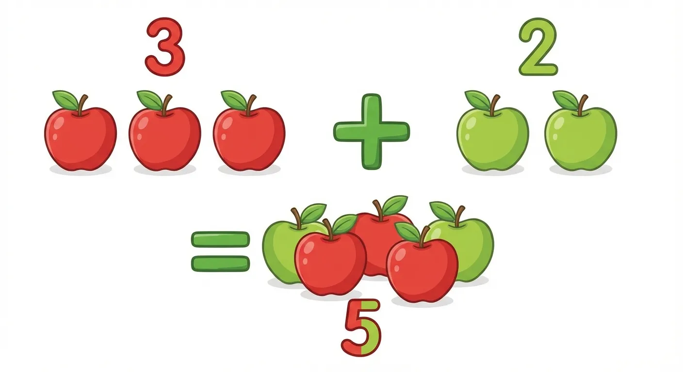 Erstelle eine farbenfrohe Darstellung einer einfachen Addition.

**Aufbau von links nach rechts:**
- Links: 3 rote Äpfel in einer Reihe
- Mitte: Ein großes grünes Plus-Zeichen (+)
- Rechts: 2 grüne Äpfel in einer Reihe
- Darunter: Ein Gleichheitszeichen (=) und 5 Äpfel zusammen

**Text im Bild:**
- Über der linken Gruppe: 