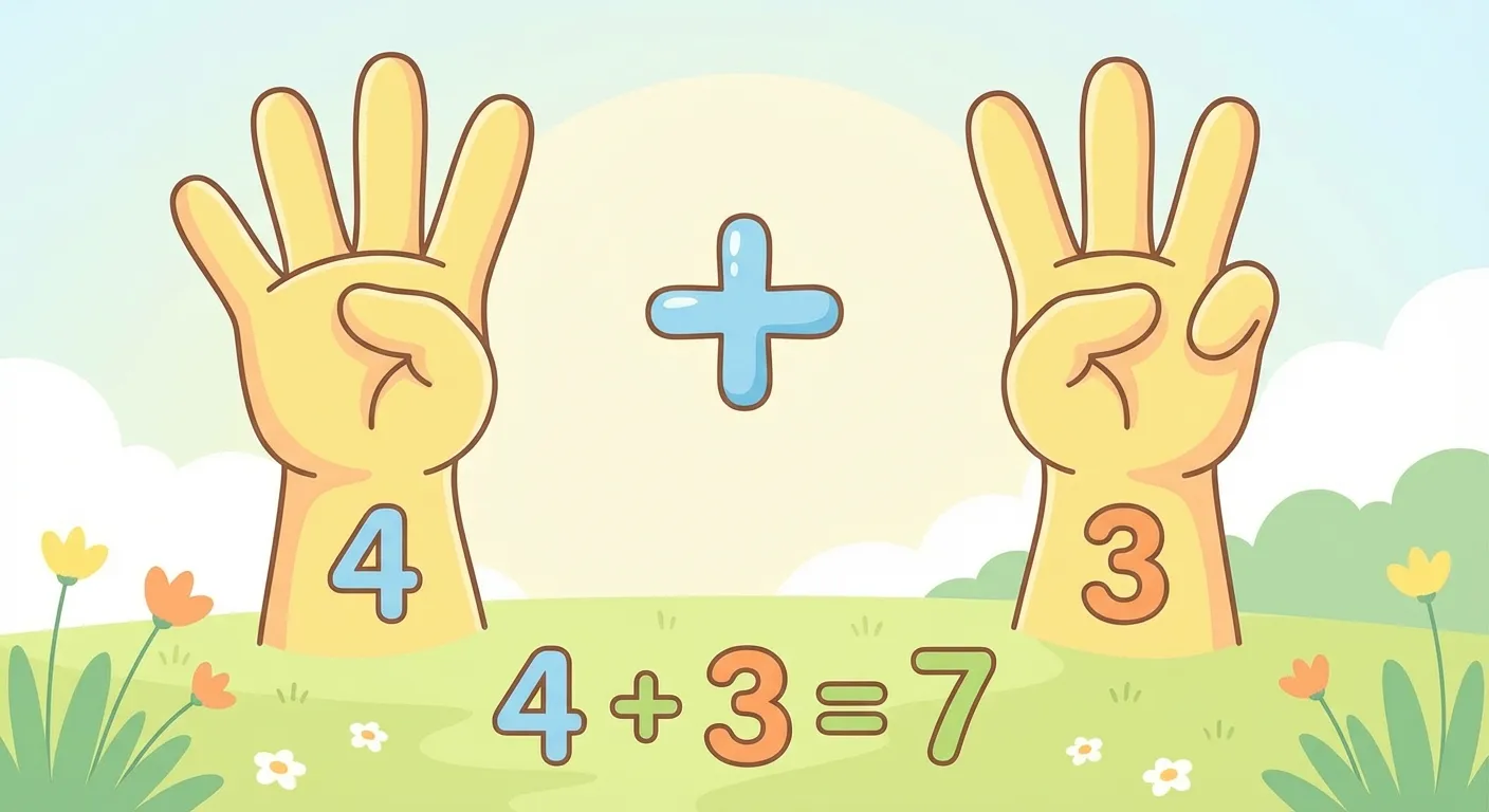 Erstelle eine Darstellung zum Fingerzählen bei Addition.

**Aufbau:**
- Linke Hand zeigt 4 Finger (Daumen eingeklappt)
- Rechte Hand zeigt 3 Finger (Daumen und kleiner Finger eingeklappt)
- Zwischen den Händen ein Plus-Zeichen

**Text im Bild:**
- Unter linker Hand: 