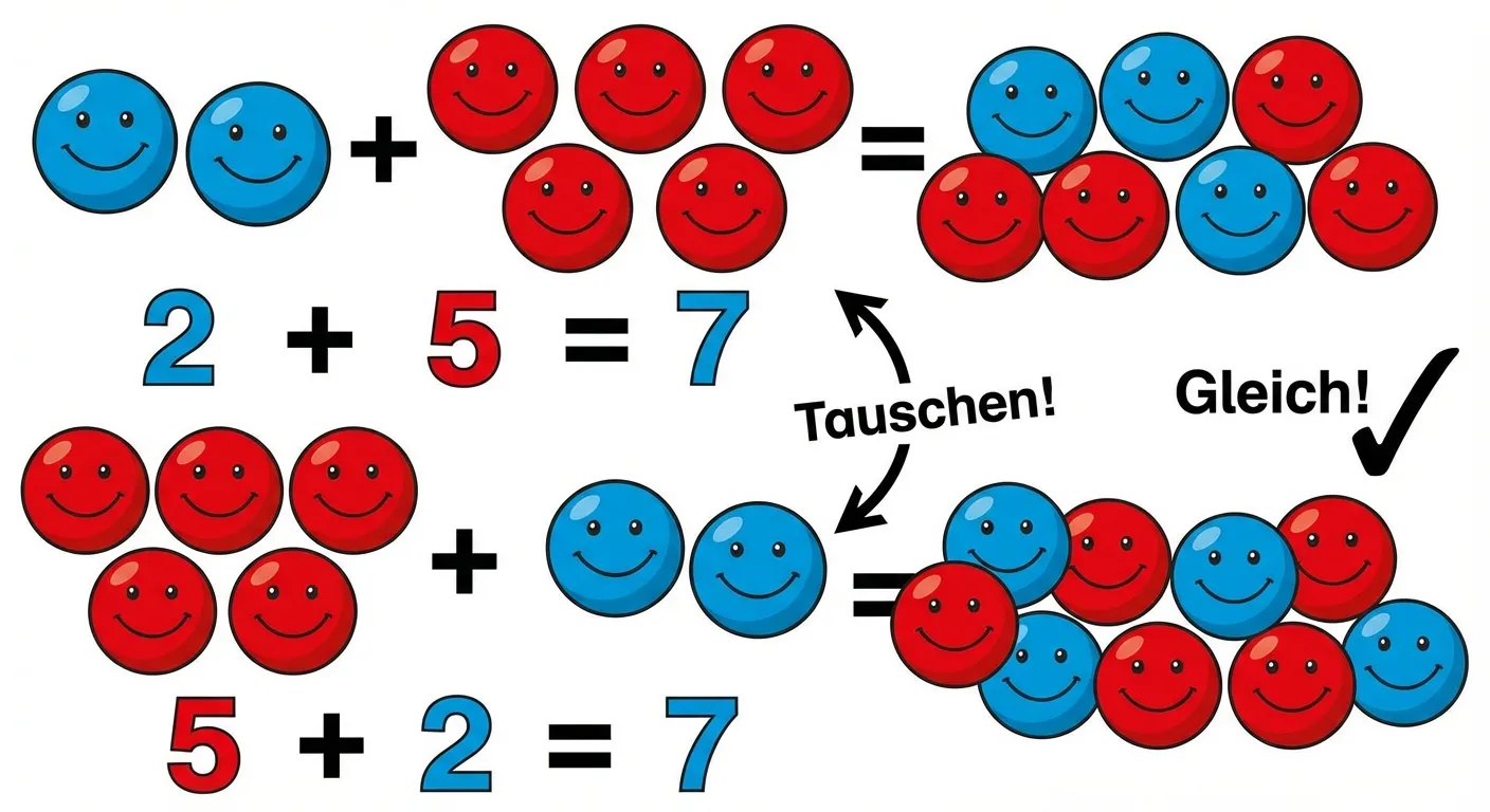 Erstelle eine Darstellung von Tauschaufgaben mit Bällen.

**Aufbau - zwei Reihen:**

**Obere Reihe:**
- 2 blaue Bälle + 5 rote Bälle = 7 Bälle
- Darunter: 