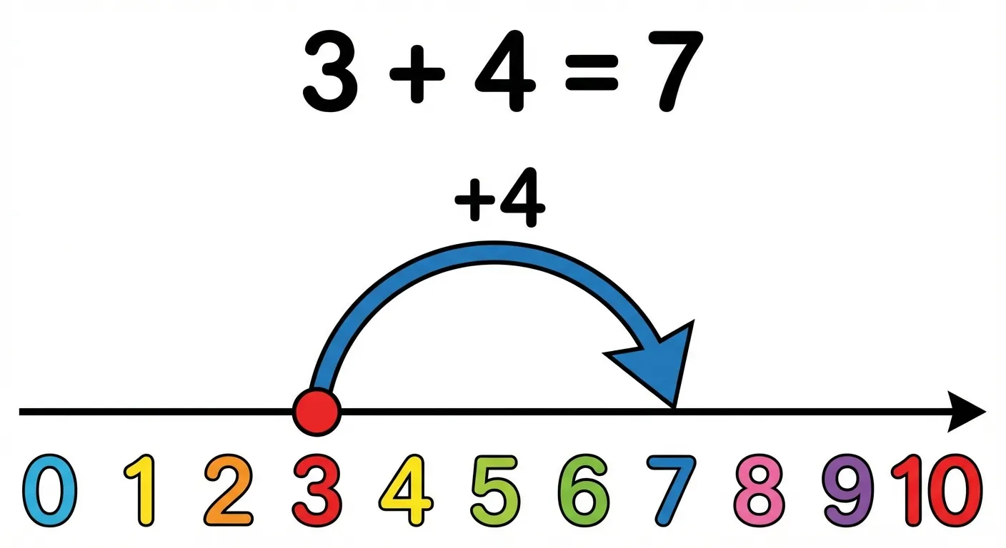Erstelle einen übersichtlichen Zahlenstrahl für Addition.

**Aufbau:**
- Horizontale Linie mit Pfeil am rechten Ende
- Zahlen von 0 bis 10 unter der Linie, gleichmäßig verteilt
- Roter Punkt auf der 3
- Gebogener Pfeil von 3 nach 7 (4 Sprünge nach rechts)
- Der Pfeil ist blau und zeigt +4 an

**Text im Bild:**
- Über dem Pfeil: 