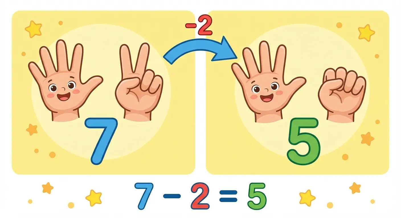 Erstelle eine Darstellung zum Fingerzählen bei Subtraktion.

**Aufbau - zwei Bilder nebeneinander:**

**Linkes Bild:**
- Zwei Hände zeigen 7 Finger (5 links, 2 rechts)
- Darunter: 