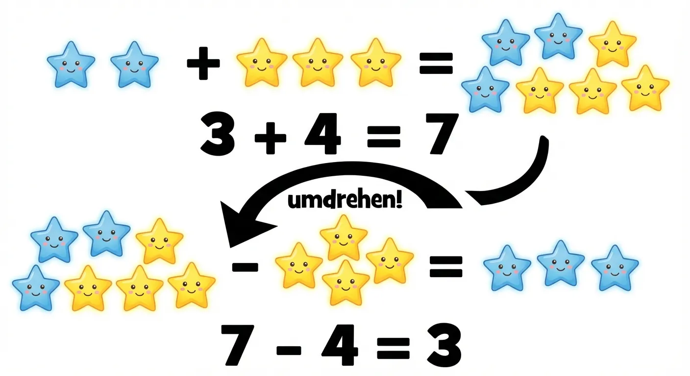 Erstelle eine Darstellung, die den Zusammenhang von Plus und Minus zeigt.

**Aufbau:**
- Oben: 3 blaue Sterne + 4 gelbe Sterne = 7 Sterne
- Text: 