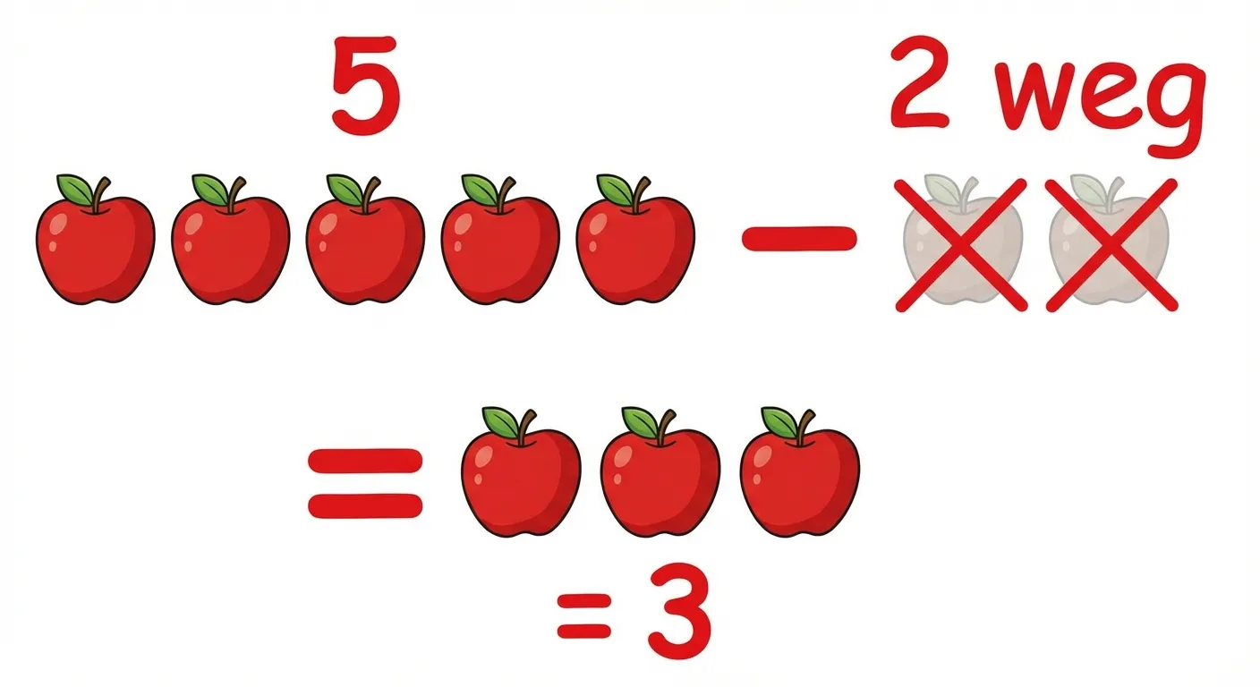 Erstelle eine farbenfrohe Darstellung einer einfachen Subtraktion.

**Aufbau von links nach rechts:**
- Links: 5 rote Äpfel in einer Reihe
- Mitte: Ein großes rotes Minus-Zeichen (-)
- Rechts: 2 durchgestrichene oder ausgegraute Äpfel (werden weggenommen)
- Darunter: Ein Gleichheitszeichen (=) und 3 Äpfel als Ergebnis

**Text im Bild:**
- Über den 5 Äpfeln: 