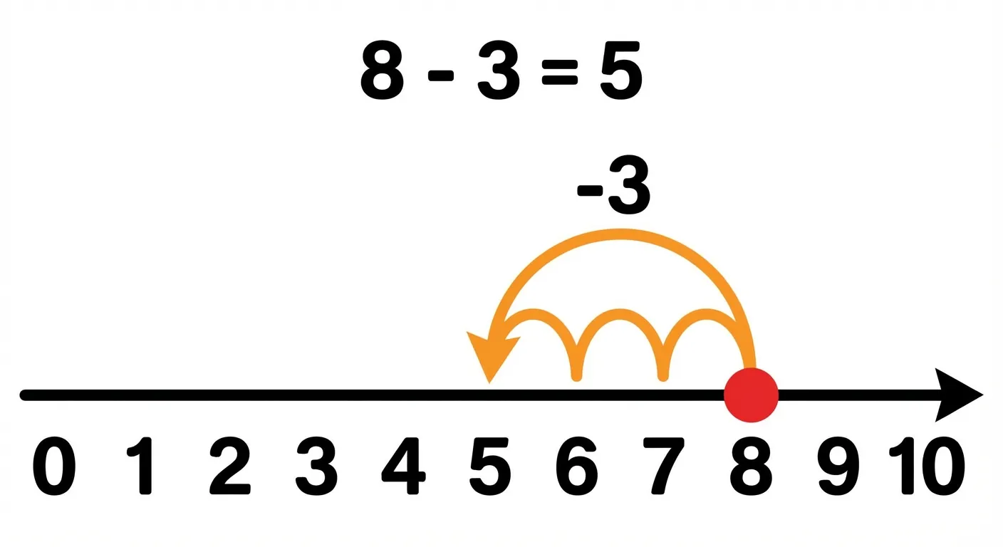 Erstelle einen übersichtlichen Zahlenstrahl für Subtraktion.

**Aufbau:**
- Horizontale Linie mit Pfeil am rechten Ende
- Zahlen von 0 bis 10 unter der Linie, gleichmäßig verteilt
- Roter Punkt auf der 8
- Gebogener Pfeil von 8 nach 5 (3 Sprünge nach links)
- Der Pfeil ist orange und zeigt -3 an

**Text im Bild:**
- Über dem Pfeil: 