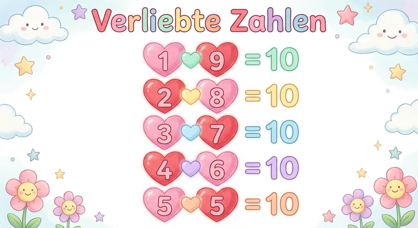 Erstelle eine bunte Darstellung der verliebten Zahlen.

**Aufbau:**
- 5 Herzpaare untereinander
- Jedes Herz enthält eine Zahl
- Die Paare sind mit einem kleinen Herz verbunden

**Die Paare:**
- Herz mit 1 ❤️ Herz mit 9 → 10
- Herz mit 2 ❤️ Herz mit 8 → 10
- Herz mit 3 ❤️ Herz mit 7 → 10
- Herz mit 4 ❤️ Herz mit 6 → 10
- Herz mit 5 ❤️ Herz mit 5 → 10

**Text im Bild:**
- Überschrift: 