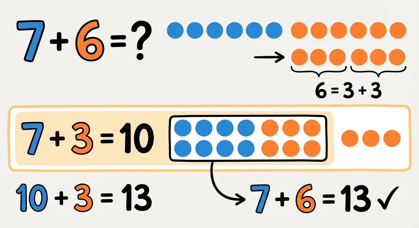 Erstelle eine Darstellung für die Aufgabe 7 + 6.

**Aufbau:**
- Zeile 1: 7 blaue Punkte, daneben 6 orange Punkte
- Zeile 2: Die 6 wird zerlegt → 
