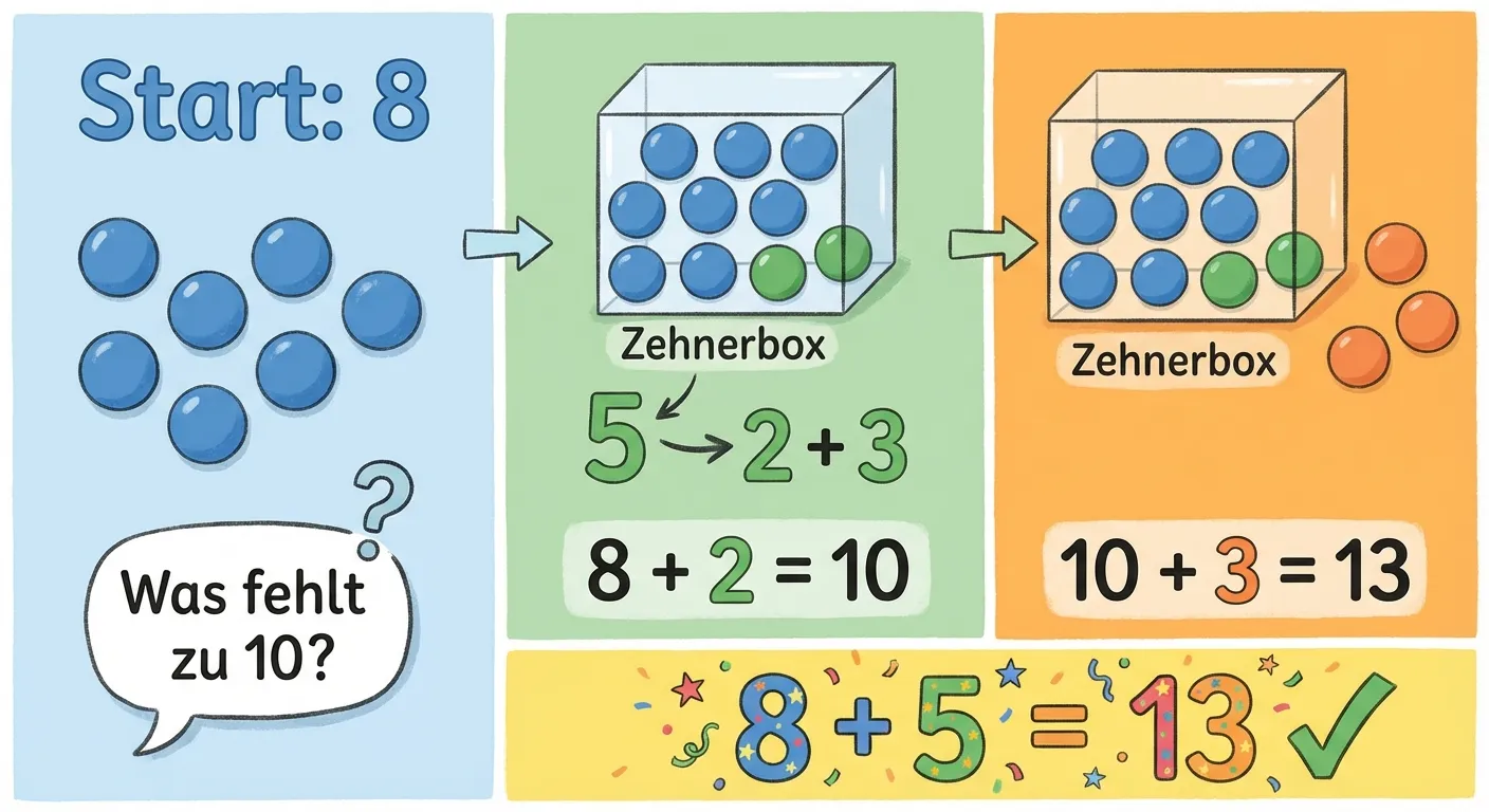 Erstelle eine Schritt-für-Schritt Darstellung für 8 + 5.

**Aufbau - 3 Schritte:**

**Schritt 1 (links):**
- 8 blaue Punkte
- Überschrift: 