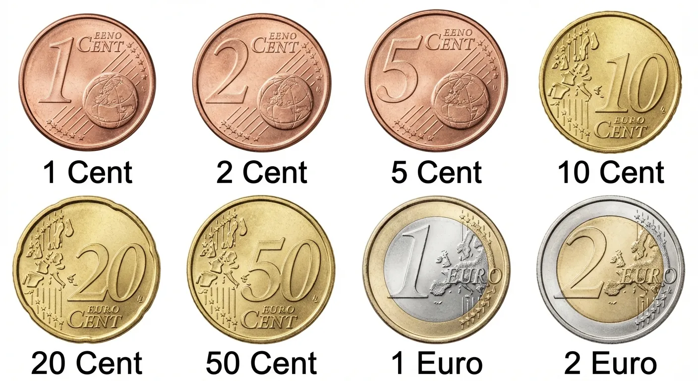 Zeige alle 8 Euro-Münzen übersichtlich.

**Aufbau von links nach rechts:**
- Obere Reihe: 1 Cent, 2 Cent, 5 Cent, 10 Cent
- Untere Reihe: 20 Cent, 50 Cent, 1 Euro, 2 Euro
- Unter jeder Münze steht ihr Wert (z.B. „1 Cent“, „2 Euro“)

**Gestaltung:**
- Realistische Darstellung der Münzen mit korrekten Farben
- Kupferfarbene kleine Münzen (1, 2, 5 Cent)
- Goldfarbene mittlere Münzen (10, 20, 50 Cent)
- Zweifarbige große Münzen (1 Euro, 2 Euro: gold und silber)
- Große, klar lesbare Beschriftungen
- Weißer Hintergrund für Übersichtlichkeit