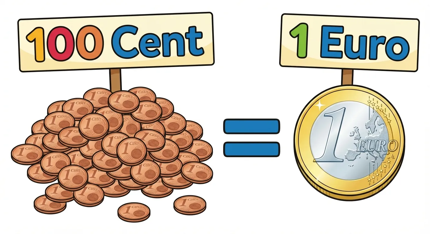 Zeige anschaulich, dass 100 Cent = 1 Euro.

**Aufbau:**
- Links: Ein großer Haufen mit vielen kleinen Cent-Münzen, darüber „100 Cent“
- In der Mitte: Ein großes Gleichheitszeichen (=)
- Rechts: Eine einzelne 1-Euro-Münze, darüber „1 Euro“

**Gestaltung:**
- Übersichtliches, klares Layout
- Große, gut lesbare Zahlen und Text
- Kinderfreundliche Farben
- Einfacher weißer Hintergrund