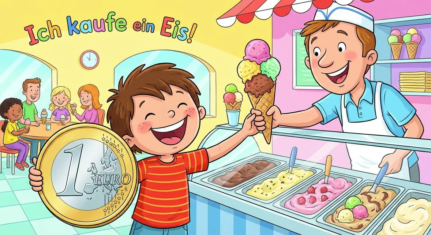 Erstelle eine fröhliche Szene in einem Eisladen.

**Aufbau:**
- Ein Kind (ca. 6-7 Jahre) steht an einer Eistheke
- Das Kind hält eine große Euro-Münze in der Hand
- Der Eisverkäufer gibt dem Kind eine Eistüte
- Überschrift: „Ich kaufe ein Eis!“

**Gestaltung:**
- Helle, freundliche Farben
- Cartoon-Stil, kinderfreundlich
- Die Euro-Münze ist gut sichtbar
- Fröhliche Gesichter