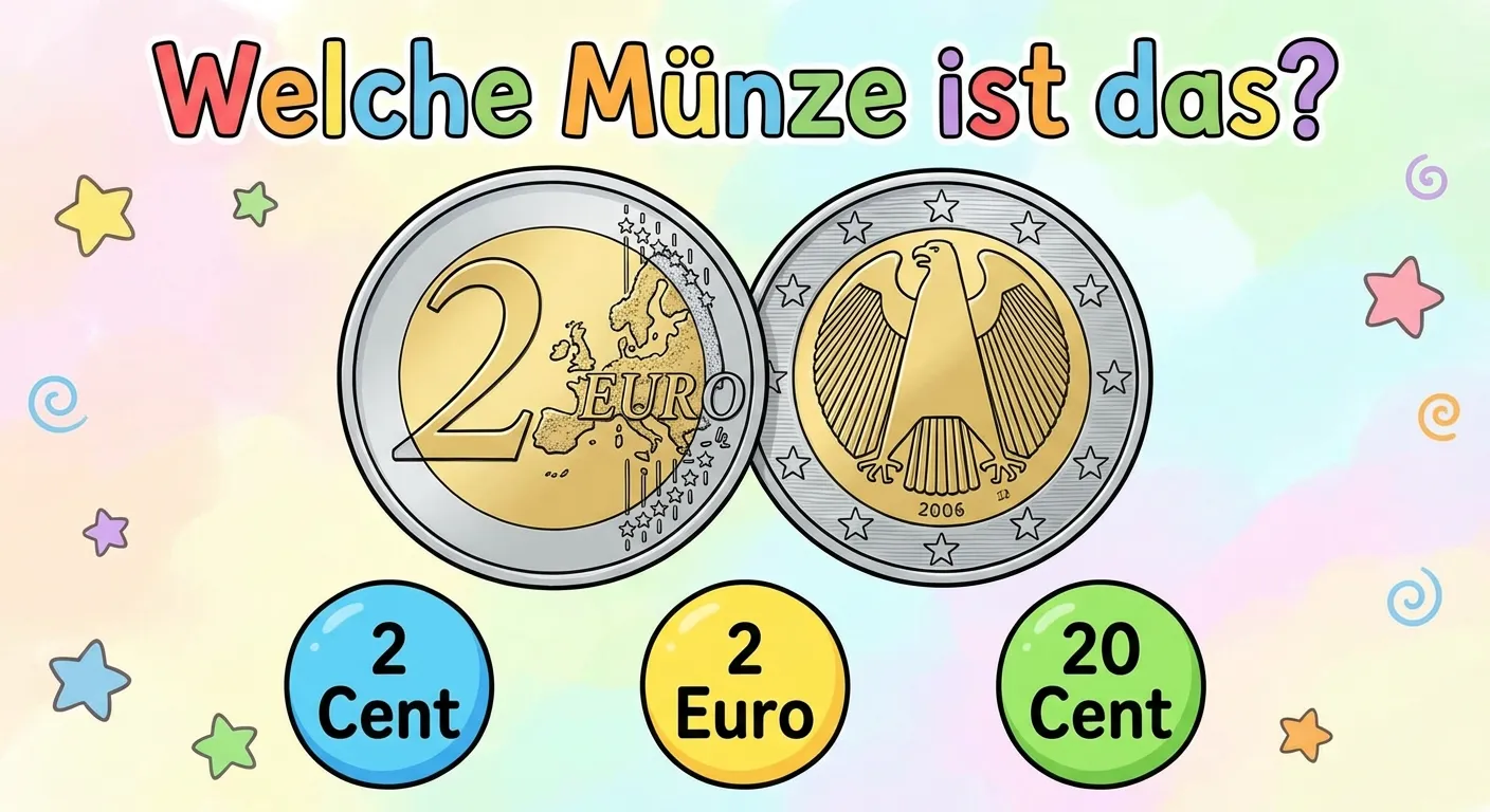 Zeige eine Quizfrage zum Münzen erkennen.

**Aufbau:**
- Überschrift: „Welche Münze ist das?“
- Eine große 2-Euro-Münze in der Mitte
- Die Münze ist zweifarbig (gold und silber)
- Darunter drei Antwortmöglichkeiten in Kreisen: „2 Cent“, „2 Euro“, „20 Cent“

**Gestaltung:**
- Bunte, freundliche Farben
- Die Münze ist groß und klar erkennbar
- Antwortmöglichkeiten in farbigen Kreisen
- Kinderfreundlicher Stil für 1. Klasse